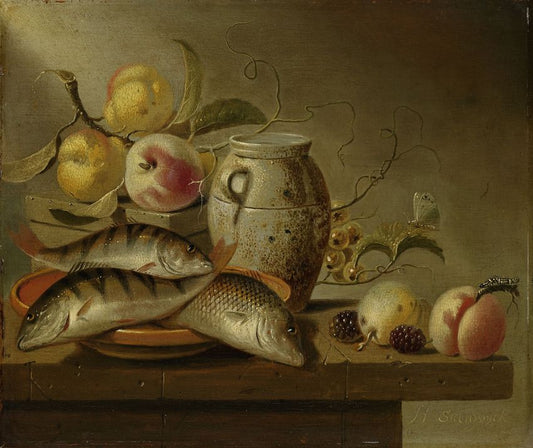 Still Life with Earthenware Jar, Fish and Fruit, vintage artwork by Harmen van Steenwijck, 12x8" (A4) Poster