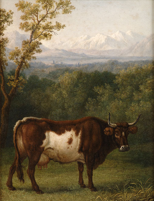 A Cow out to Pasture, an Alpine Landscape Beyond, vintage artwork by Jakob Philipp Hackert, 12x8" (A4) Poster