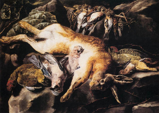 Still Life with Hare and Game Birds, vintage artwork by Jan Fyt, 12x8" (A4) Poster