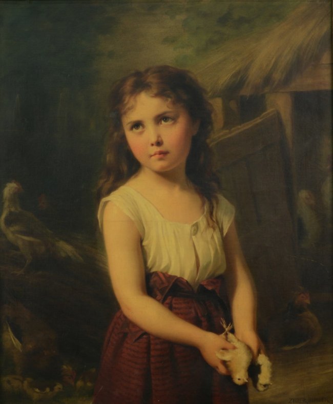 Girl with chicks, vintage artwork by Fritz Zuber-Buhler, 12x8" (A4) Poster