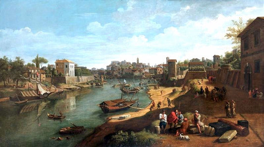 Rome, vue du Tibre au port de Ripa Grande, vintage artwork by Caspar van Wittel, 12x8" (A4) Poster