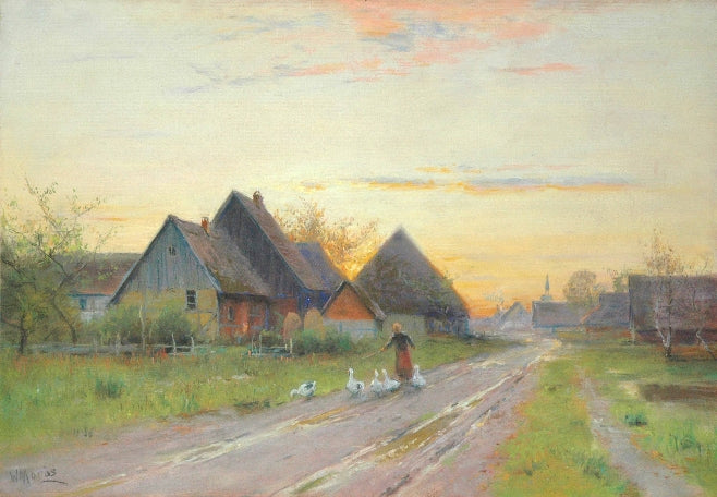 Goose Girl in a Village Street, vintage artwork by Walter Moras, 12x8" (A4) Poster