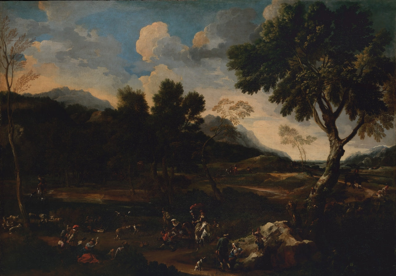 Landscape with a Battle between Two Rams, vintage artwork by Jan Miel, 12x8" (A4) Poster