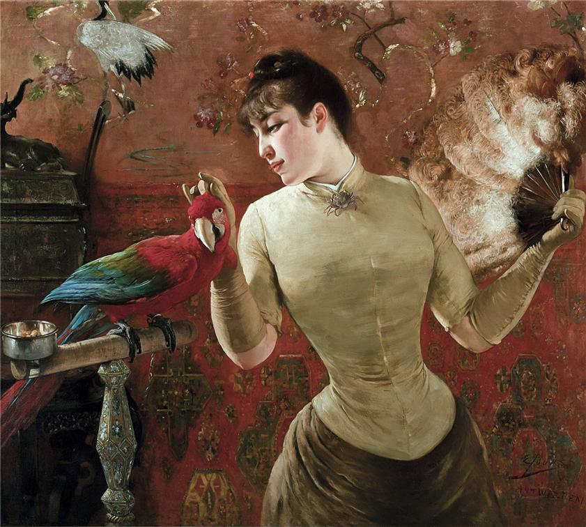Lady with Parrot, vintage artwork by Eugène Joors, 12x8" (A4) Poster
