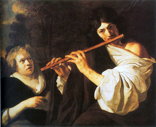 Shepherd Playing the Flute and a Woman Singing, vintage artwork by Jacob Van Loo, 12x8" (A4) Poster