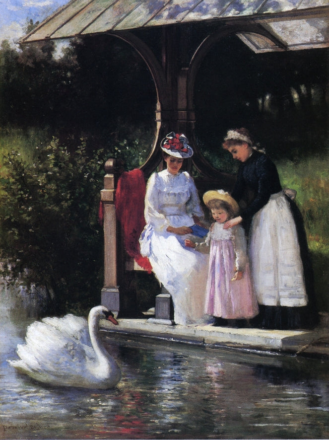 Feeding Swans, Central Park, vintage artwork by Percival DeLuce, 12x8" (A4) Poster