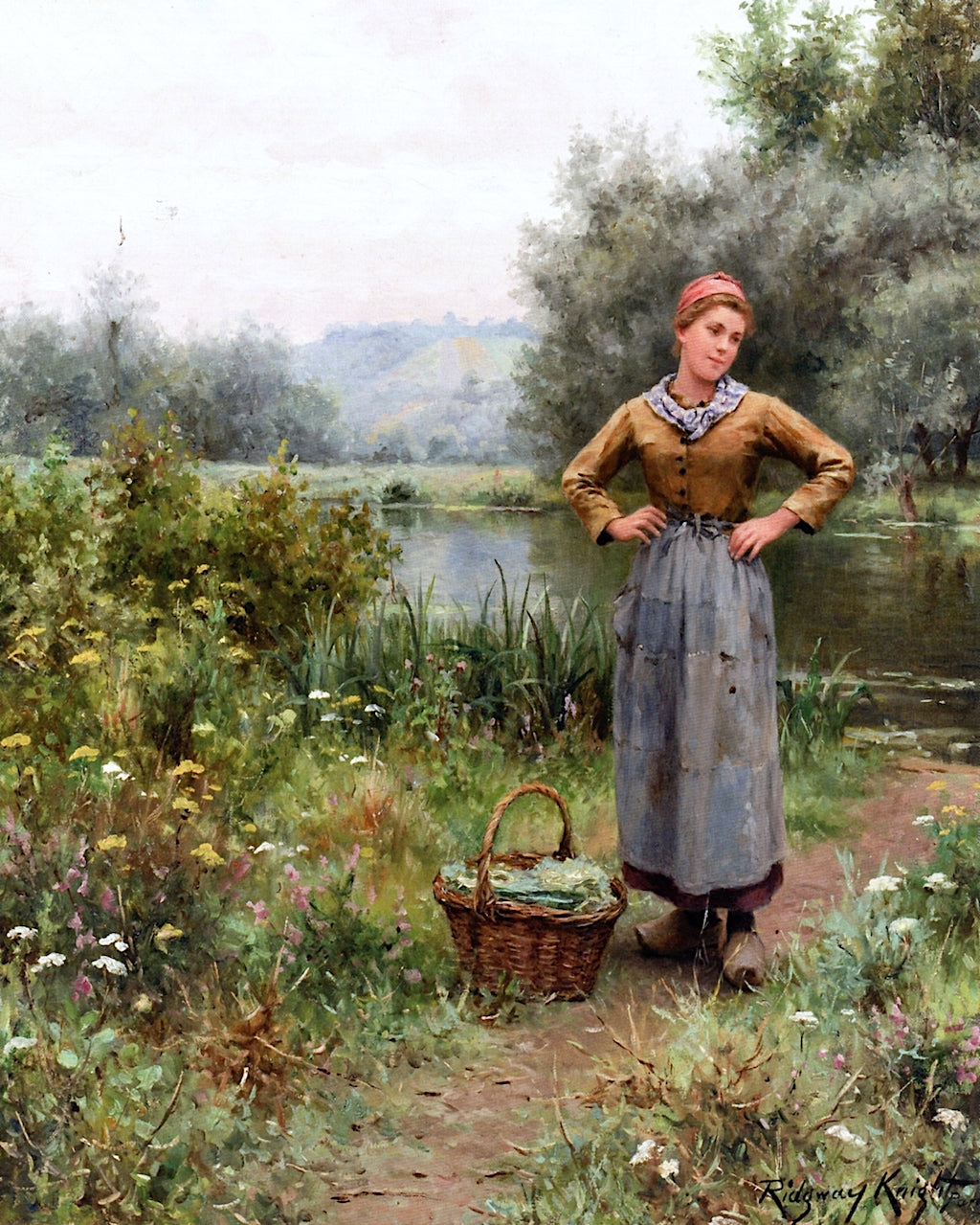 Girl in a Landscape, vintage artwork by Daniel Ridgway Knight, 12x8" (A4) Poster