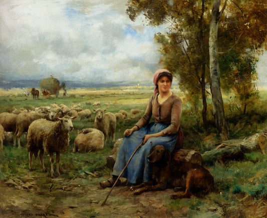 Shepherdess Watching Over Her Flock, vintage artwork by Julien Dupre, 12x8" (A4) Poster