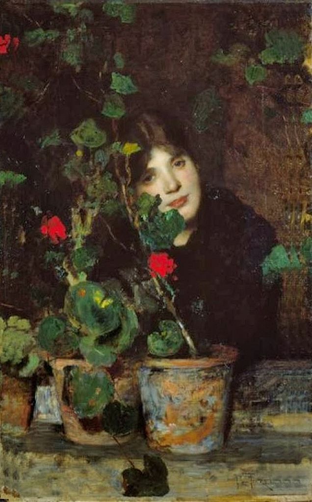 Girl with Flower Pots, vintage artwork by Giacomo Favretto, 12x8" (A4) Poster