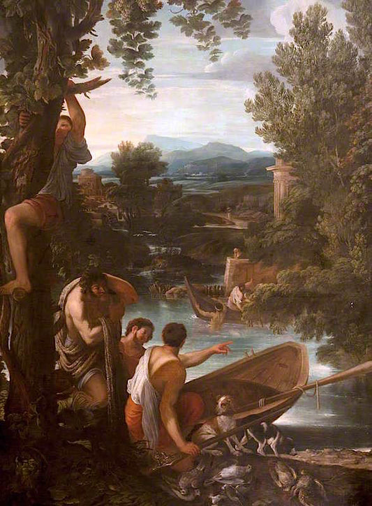 River Landscape with Fishermen and Sportsmen, vintage artwork by Giovanni Francesco Grimaldi, 12x8" (A4) Poster