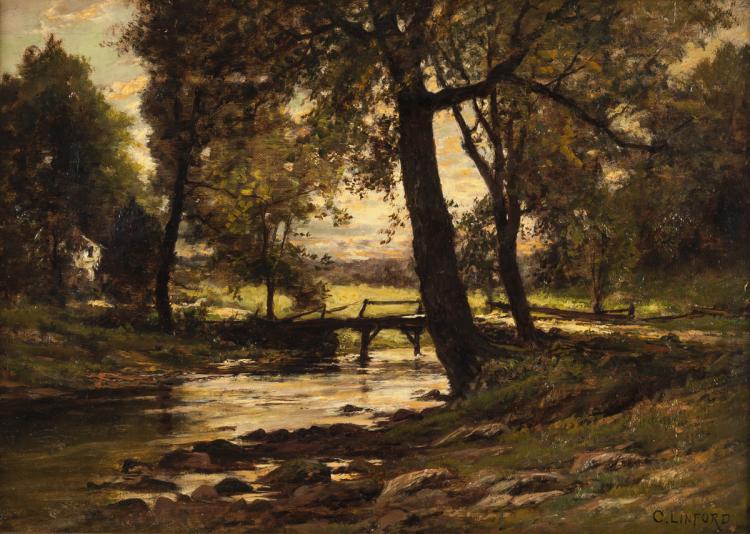 Landscape with a bridge over a wooded stream, vintage artwork by Charles Linford, 12x8" (A4) Poster
