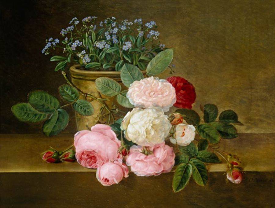 Potted forget-me-nots with red, pink and white roses on a ledge, vintage artwork by Johan Laurentz (J.L.) Jensen, A3 (16x12") Poster Print