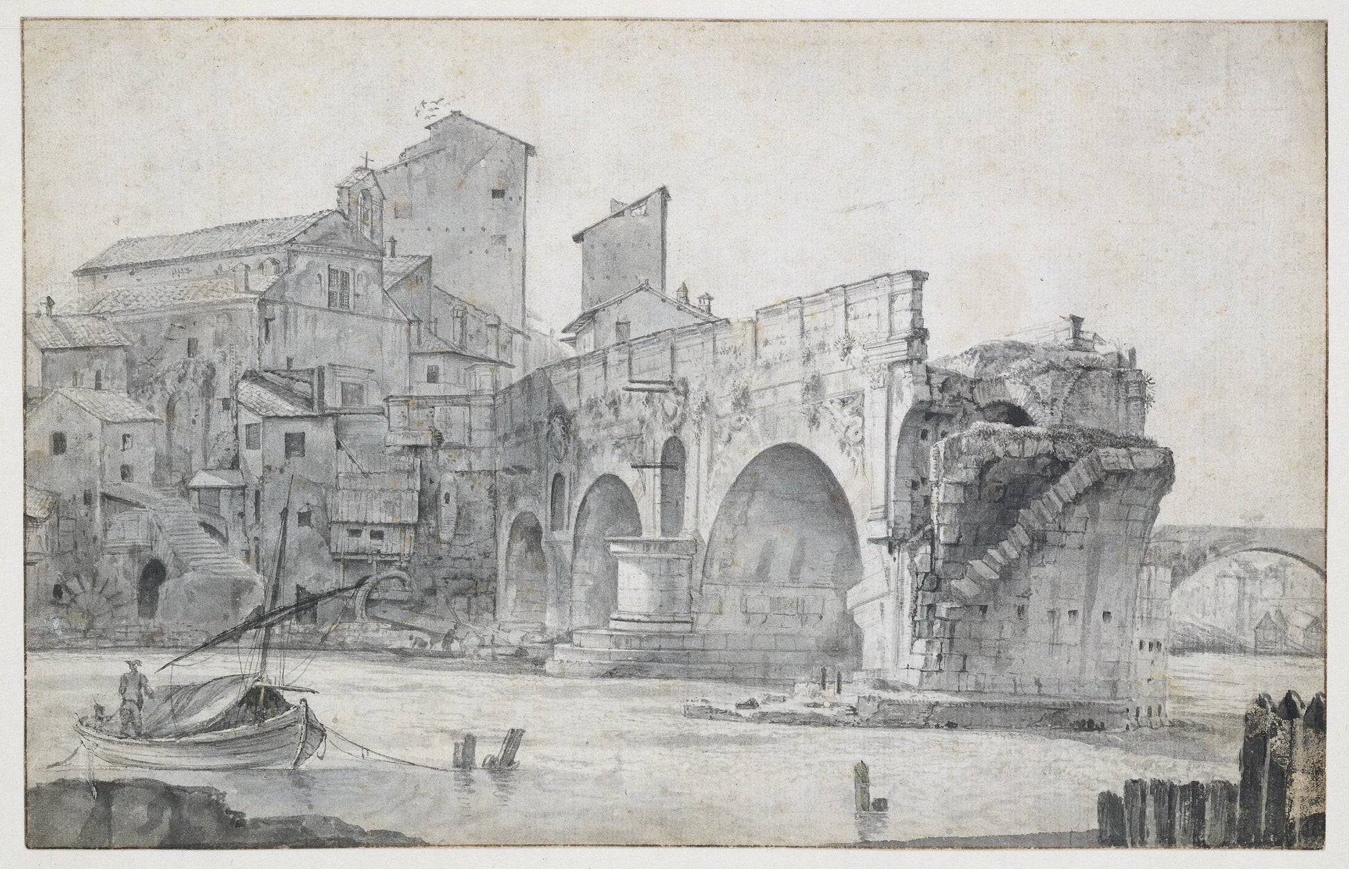 View of the Ponte Rotto and Trastevere, vintage artwork by Jan Asselijn, 12x8" (A4) Poster