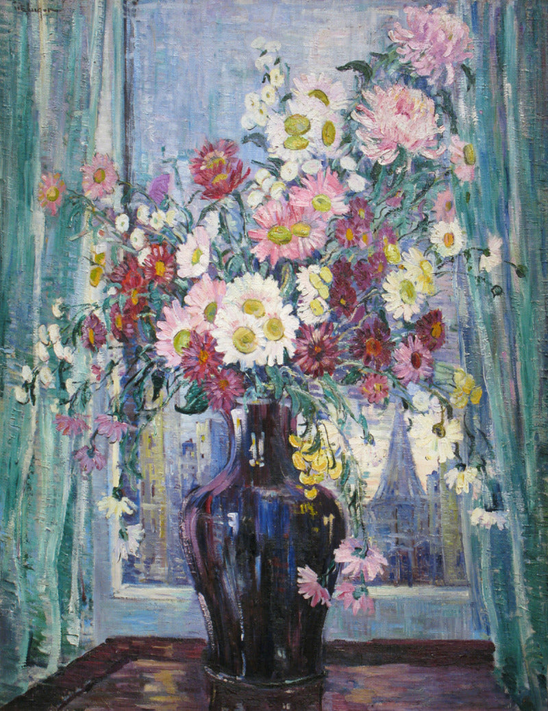 Flowers in Front of Window, vintage artwork by Dorothea Litzinger, 12x8" (A4) Poster