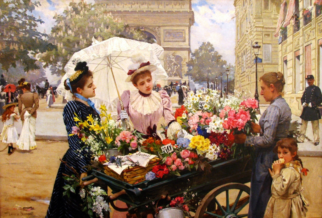 Flower Seller on the Champs Élysees, vintage artwork by Louis Marie de Schryver, 12x8" (A4) Poster