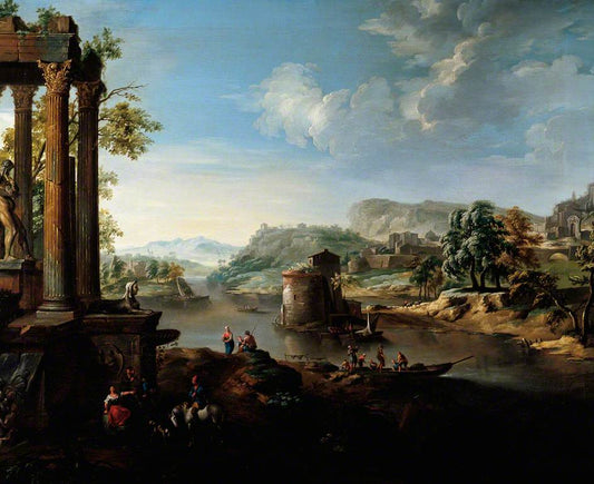Classical Landscape with River and Figures, vintage artwork by Jacob de Heusch, 12x8" (A4) Poster