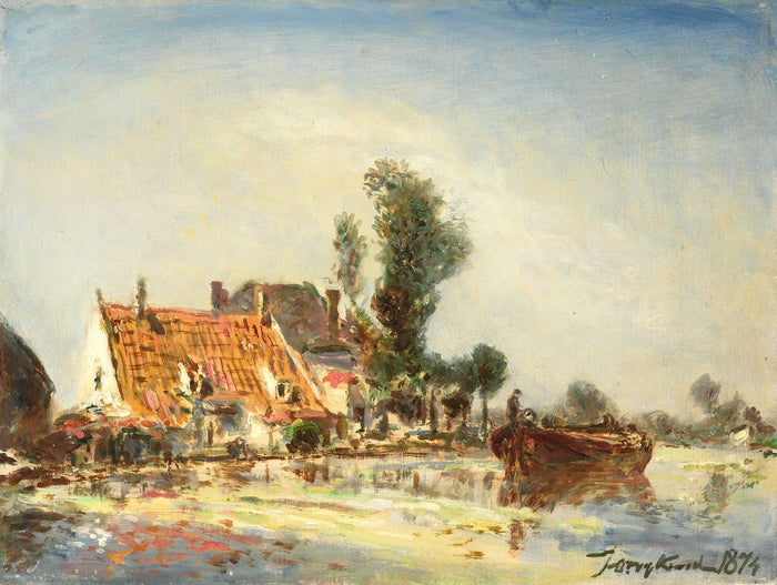 Houses on a Waterway near Crooswijk, vintage artwork by Johan Barthold Jongkind, A3 (16x12