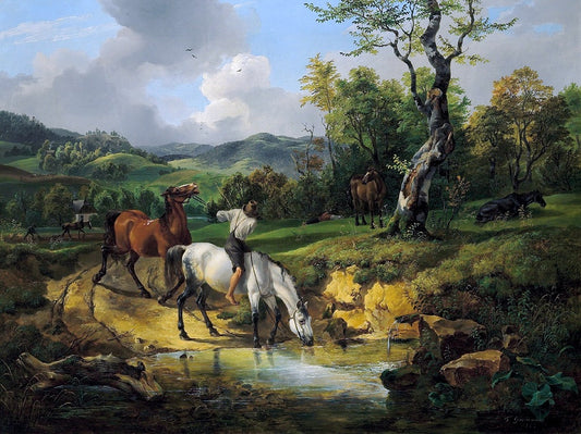 Peasant Boy Riding Horses, vintage artwork by Friedrich Gauermann, A3 (16x12") Poster Print