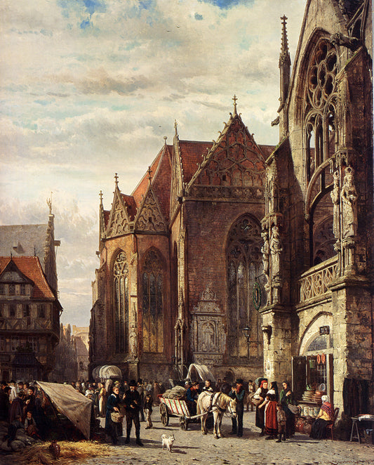 Many Figures On The Market Square In Front Of The Martinikirche Braunschweig, vintage artwork by Cornelis Springer, A3 (16x12") Poster Print