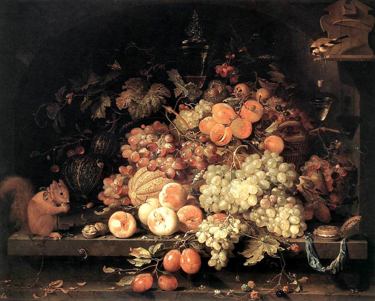 Fruit Still-Life with Squirrel and Goldfinch, vintage artwork by Abraham Mignon, 12x8" (A4) Poster