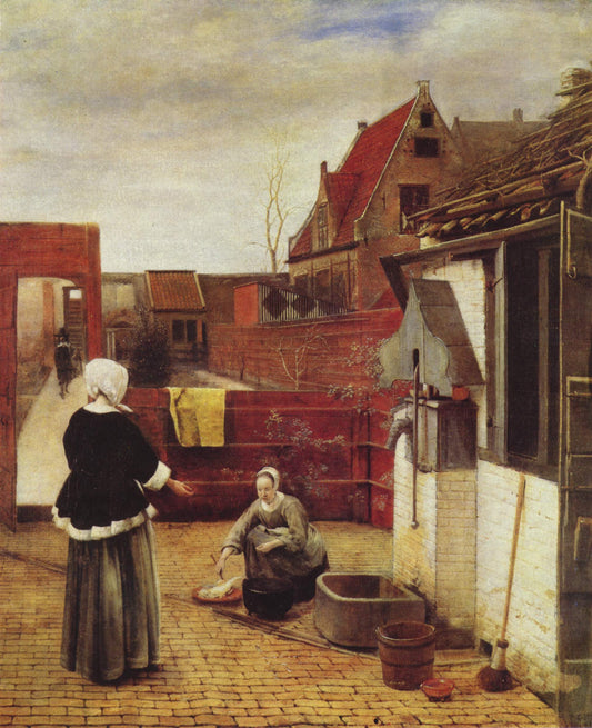 Woman and Maid in a Courtyard, vintage artwork by Pieter de Hooch, 12x8" (A4) Poster
