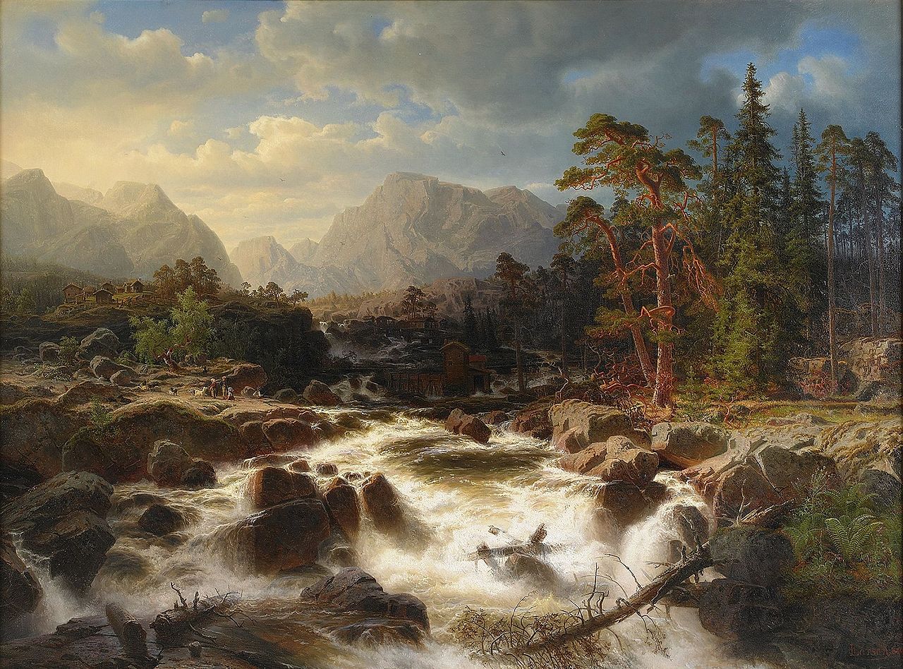 Landscape with Rapids, vintage artwork by Marcus Larson, 12x8" (A4) Poster