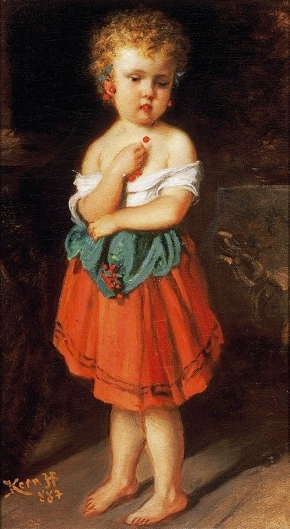 Girl Picking Cherries, vintage artwork by Hermann Kern, 12x8" (A4) Poster
