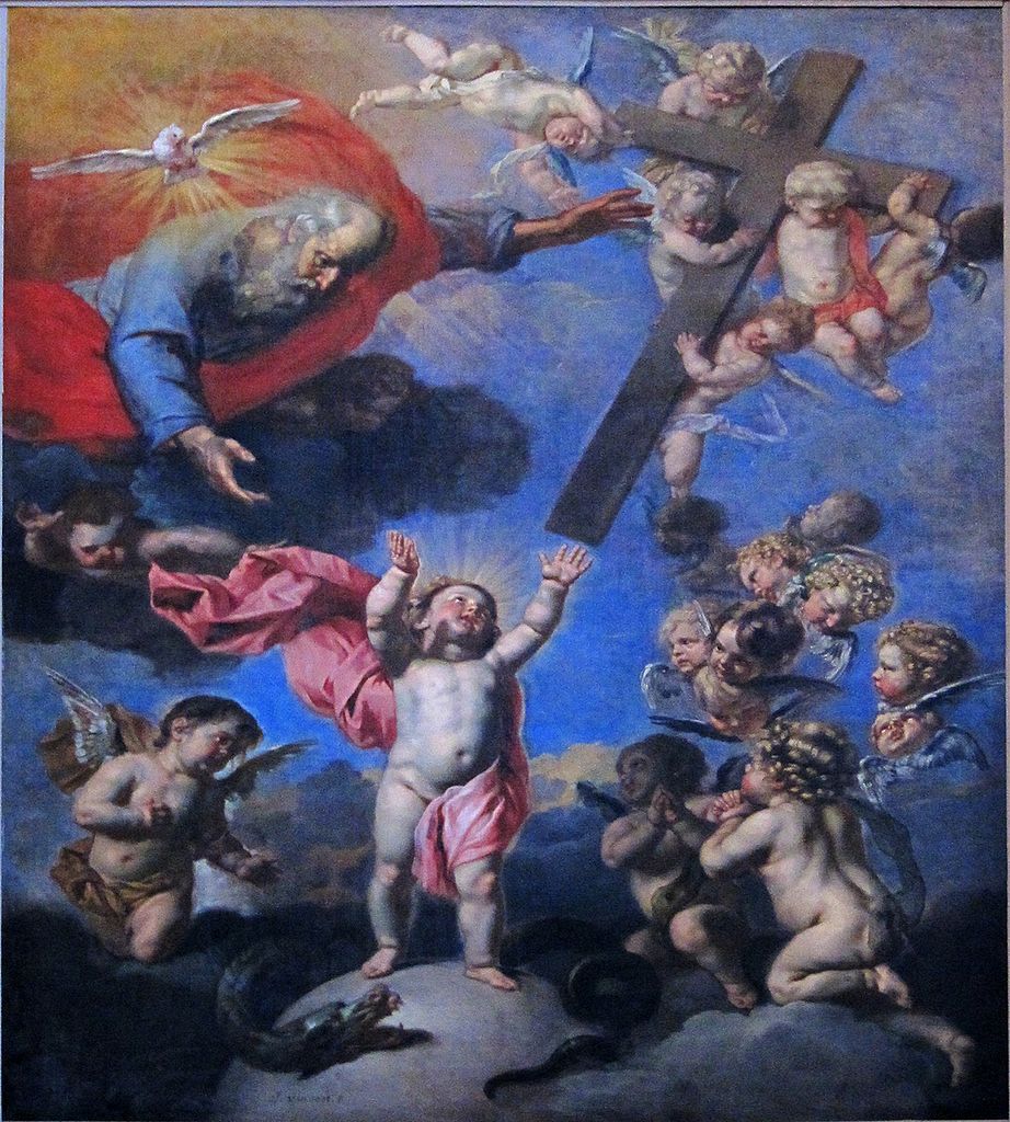 L’Enfant Jesus tendant les bras à la croix offerte par le Père, vintage artwork by Jacob van Oost the Younger, 12x8" (A4) Poster