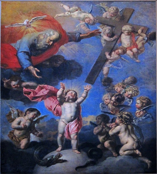 L’Enfant Jesus tendant les bras à la croix offerte par le Père, vintage artwork by Jacob van Oost the Younger, 12x8" (A4) Poster