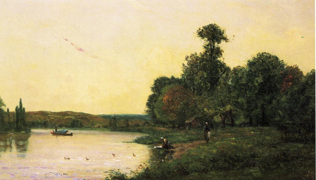 Washerwomen by  the River at Sunset, vintage artwork by Hippolyte-Camille Delpy, 12x8" (A4) Poster