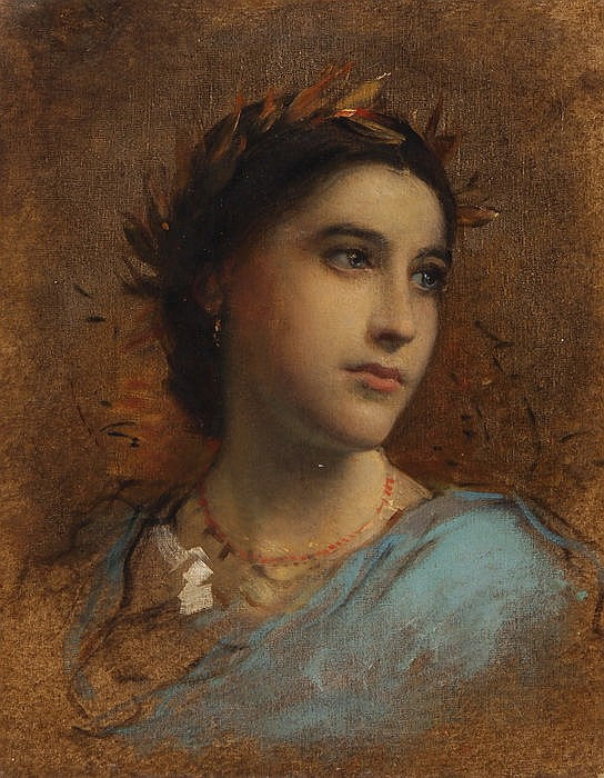 Mit Lorbeer bekröntes Frauenbildnis, vintage artwork by Anselm Feuerbach, 12x8" (A4) Poster