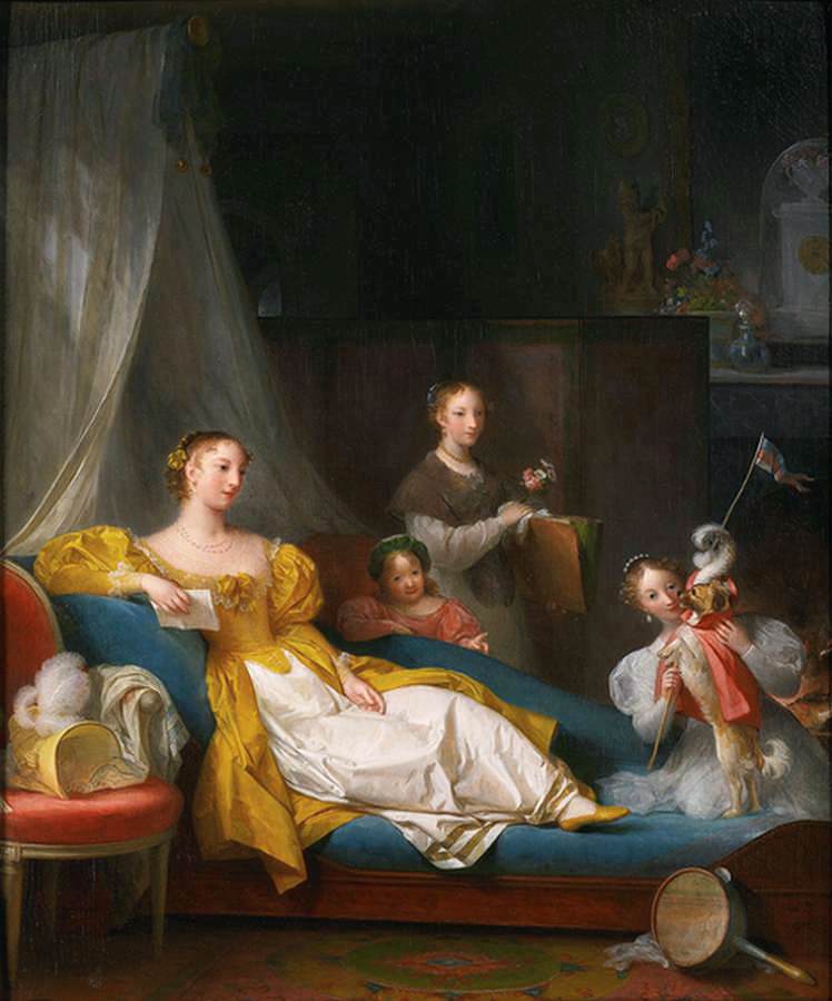 Family Playing with a Dog, vintage artwork by Marguerite Gerard, 12x8" (A4) Poster