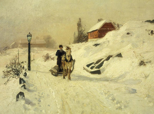 A Horse-Drawn Sleigh in a Winter Landscape, vintage artwork by Fritz Thaulow, 12x8" (A4) Poster
