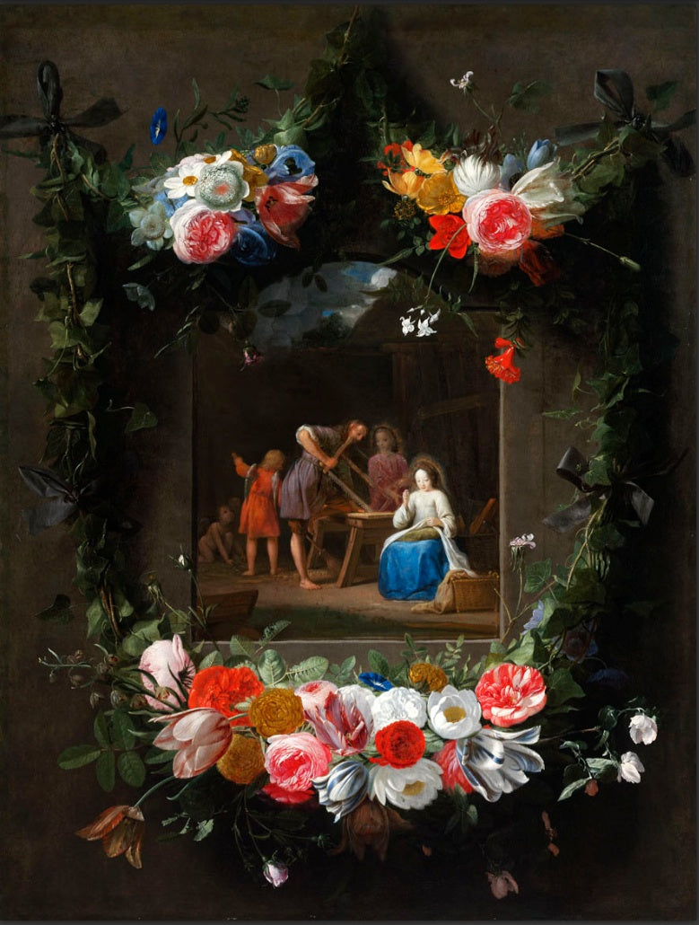 Garland of Flowers Surrounding the Holy Family, vintage artwork by Johannes van der Baren, 12x8" (A4) Poster