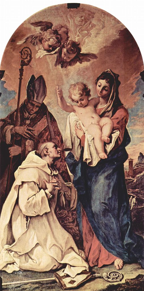 Appearance of Madonna with Child to Saints Bruno and Hugo, vintage artwork by Sebastiano Ricci, 12x8" (A4) Poster