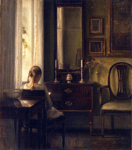 Interior with a Girl Reading, vintage artwork by Carl Vilhelm Holsøe, 12x8" (A4) Poster