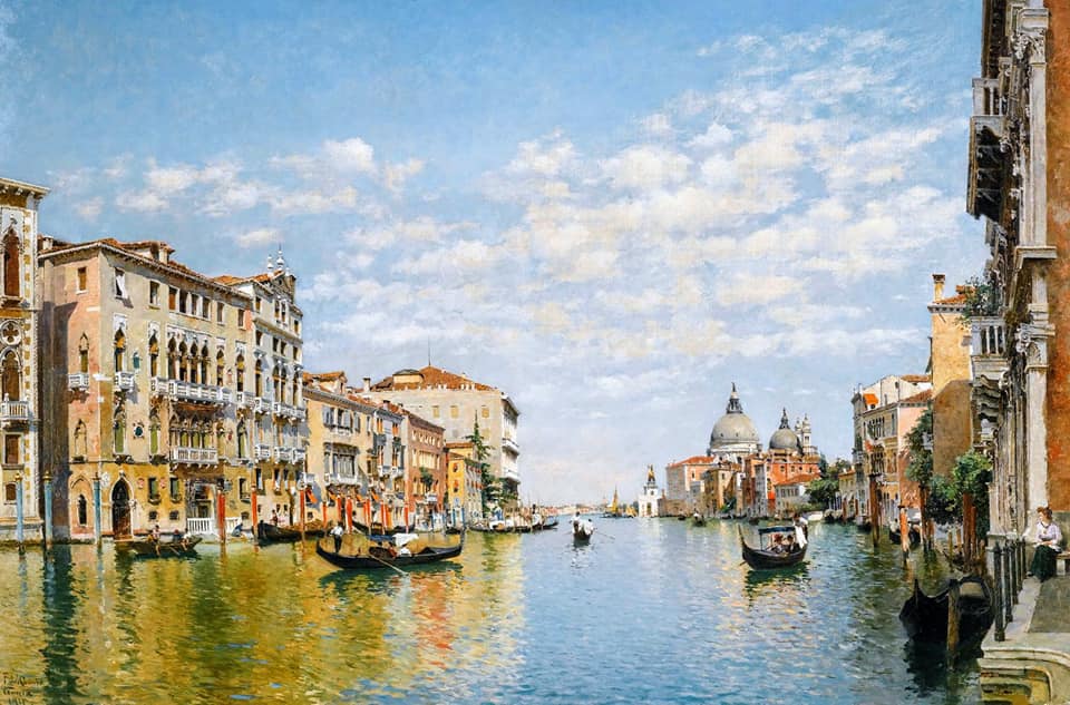 Gondoliers on the Grand Canal, Venice, vintage artwork by Federico del Campo, 12x8" (A4) Poster
