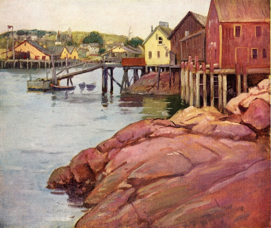 Dock Sheds at Low Tide, vintage artwork by Frank Duveneck, 12x8" (A4) Poster