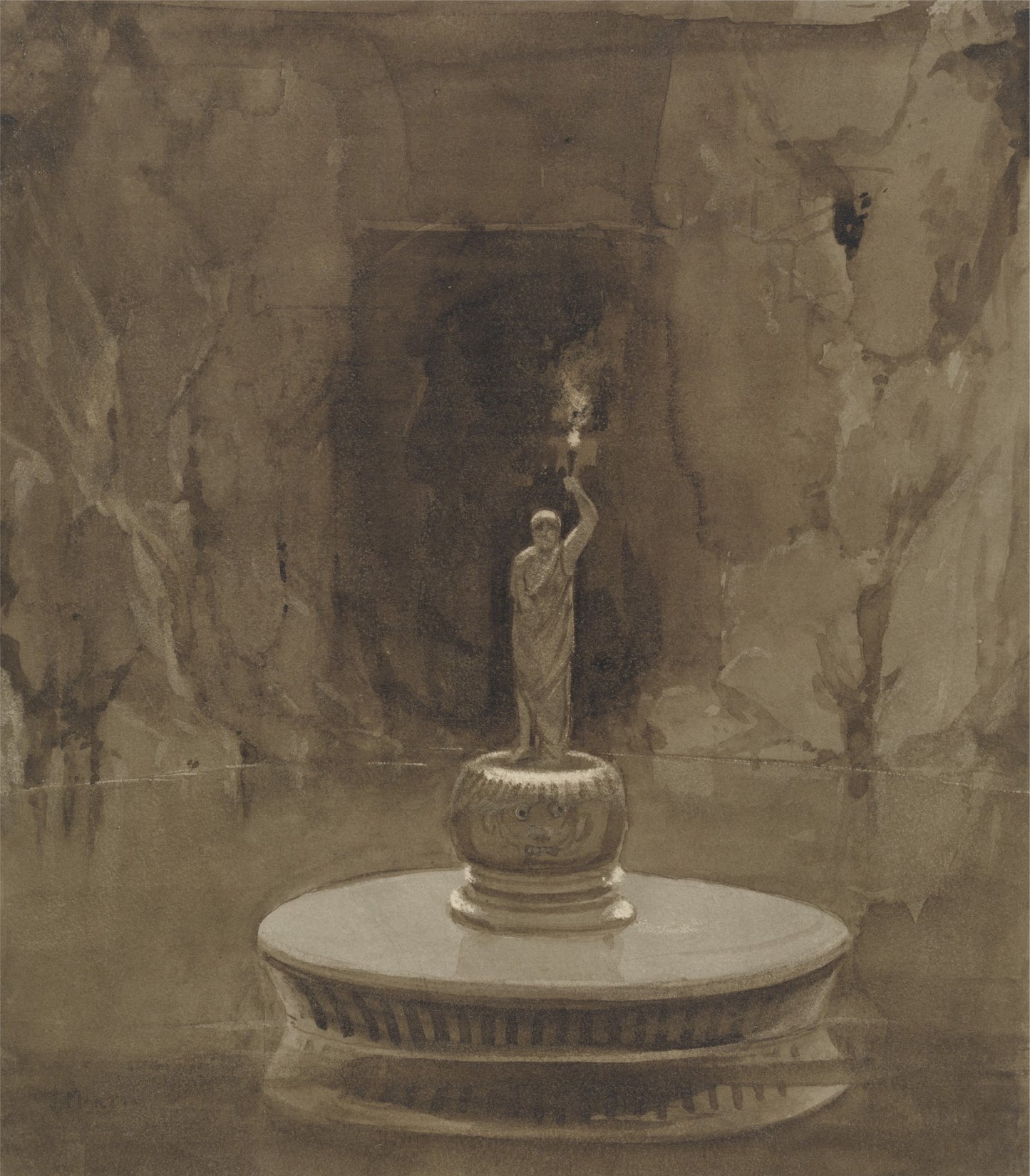 Subterranean Pool with Sculptural Torchere, vintage artwork by Attributed to Francis Danby , A3 (16x12") Poster Print