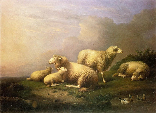 A Flock of Sheep Resting by  a Pond, vintage artwork by Francois van Severdonck, A3 (16x12") Poster Print
