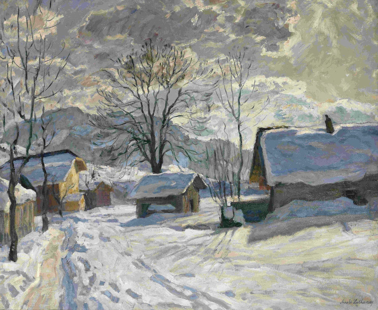 Village in Winter, vintage artwork by Arnold Borisovich Lakhovsky, 12x8" (A4) Poster