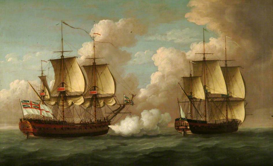 HMS 'Brune' Captures French Ship 'L'Oiseau', vintage artwork by John Cleveley the Elder, 12x8" (A4) Poster