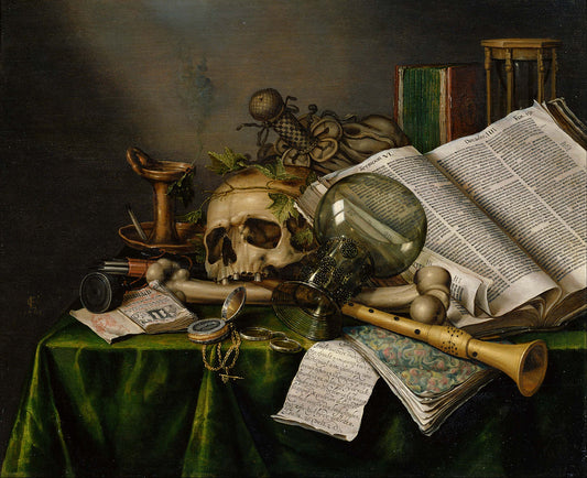 Still Life with Books and Manuscripts and a Skull, vintage artwork by Edwaert Collier, 12x8" (A4) Poster