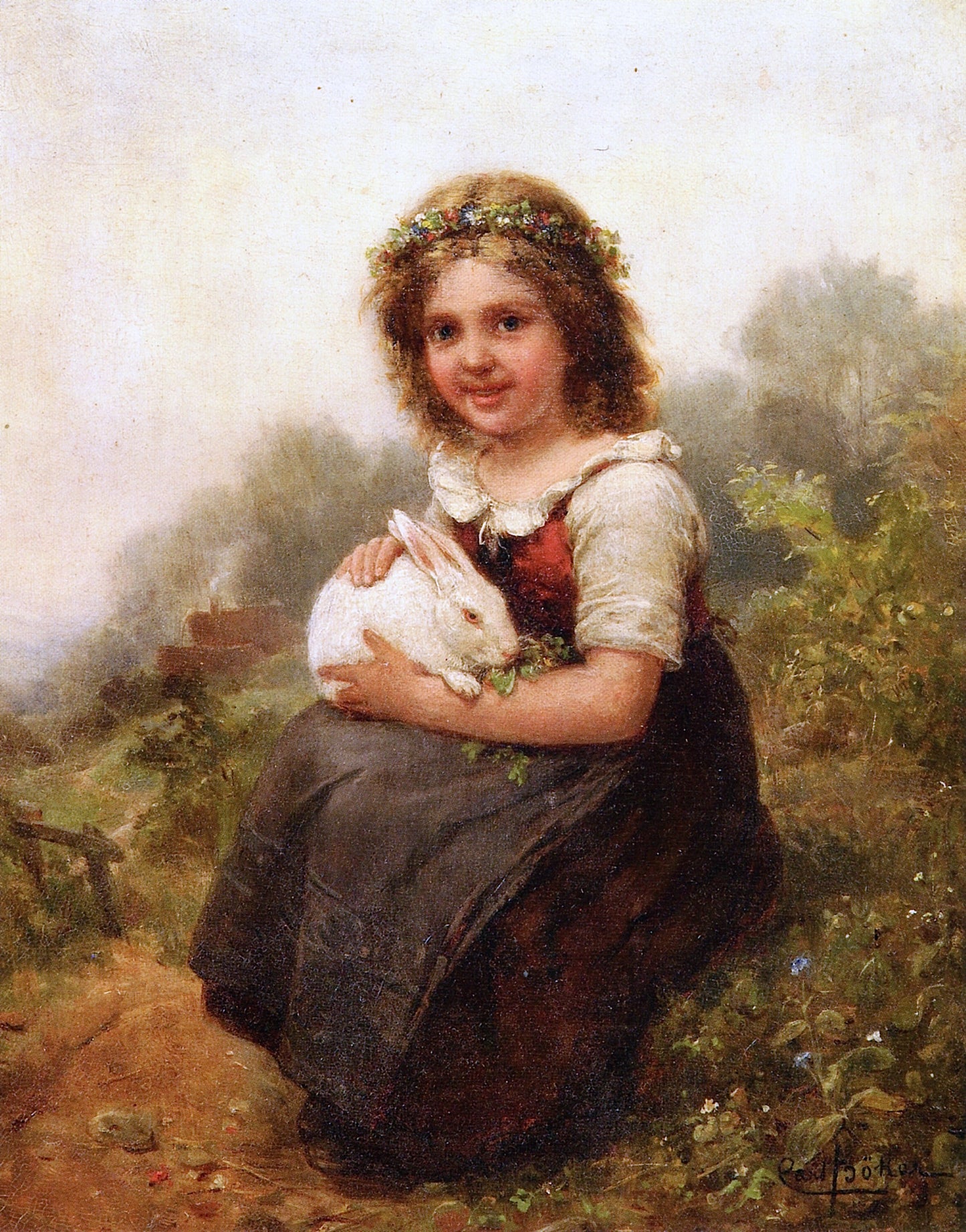 Portrait of a Young Girl Seated with a Rabbit, vintage artwork by Carl Böker, 12x8" (A4) Poster