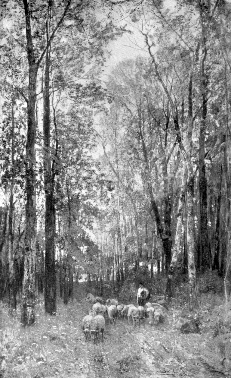 Forest Path with Sheeps, vintage artwork by Emil Jacob Schindler, 12x8" (A4) Poster