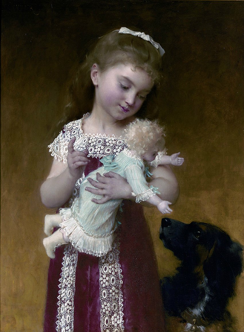 Young Girl and Her Dolls, vintage artwork by Émile Munier, 12x8" (A4) Poster