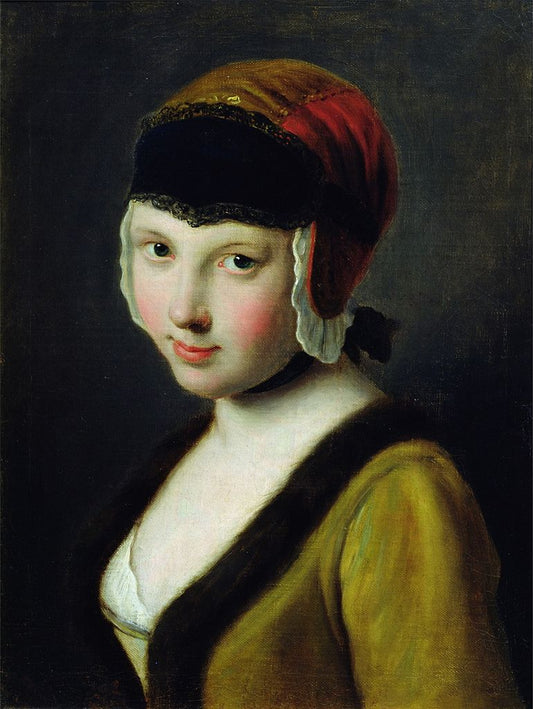 A girl with a black mask, vintage artwork by Pietro Antonio Rotari, 12x8" (A4) Poster