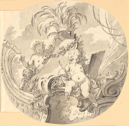 Three Putti in a Rococo Garden, vintage artwork by Guillaume Thomas Taraval, 12x8" (A4) Poster