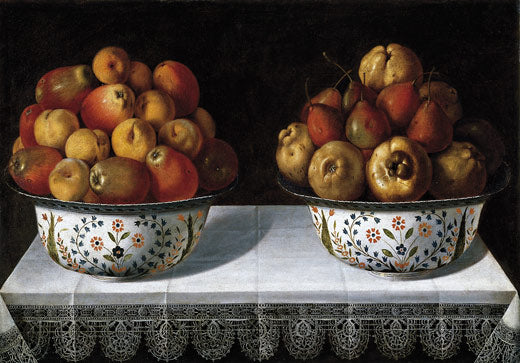 Dos fruteros sobre una mesa (Two Bowls of Fruit),, vintage artwork by Tomàs Yepes, 12x8" (A4) Poster