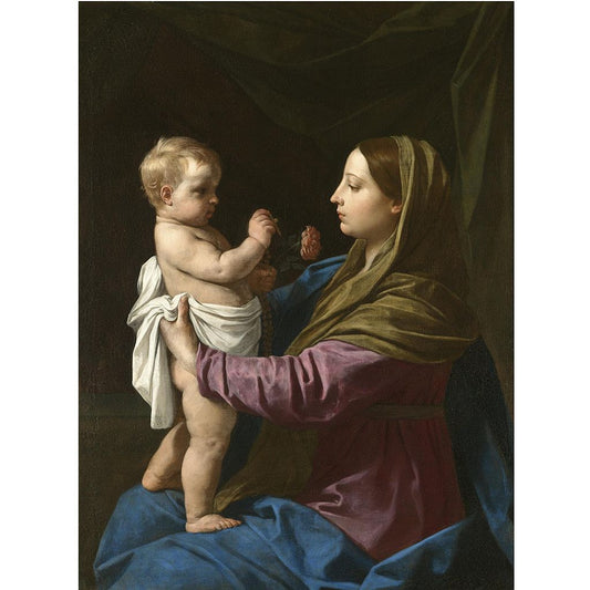 The Madonna and Child Holding A Rosary Crucifix and a Rose, vintage artwork by Simone Cantarini, 12x8" (A4) Poster